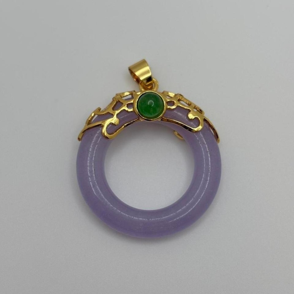 Lavender Jadeite Ring Pendant with Gold Filigree and Green Accent